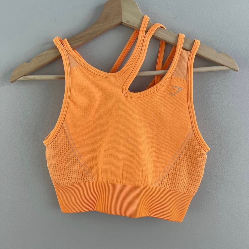 !SOLD! GYMSHARK Neon Orange Ultra Seamless Asymmetrical Workout Sports Bra - Picture 1 of 9